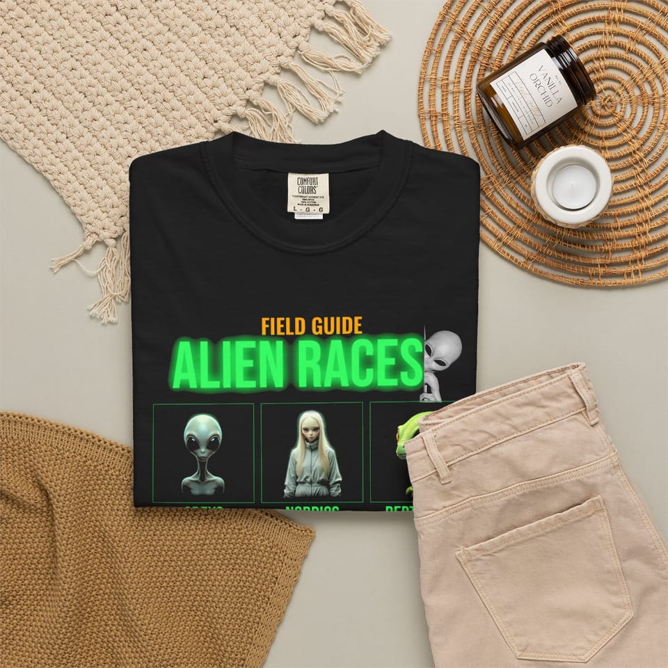 Field Guide to Alien Races Tee, folded 2 view (Printify product mockup)