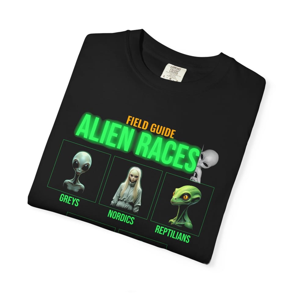 Field Guide to Alien Races Tee, folded view (Printify product mockup)