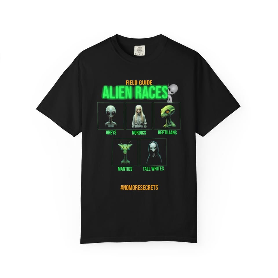 Field Guide to Alien Races Tee, front view (Printify product mockup)