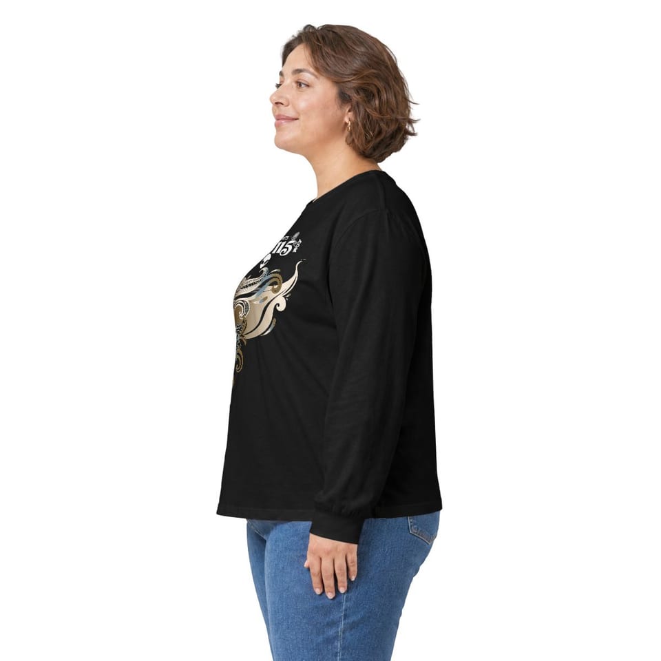 Garuda Bird Long Sleeve Tee, person left view (Printify product mockup)