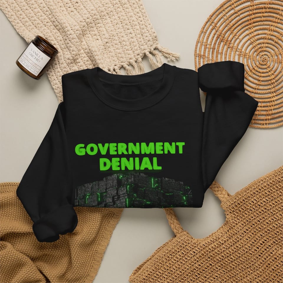 Government Denial Is Futile Crewneck Sweatshirt, folded 2 view (Printify product mockup)