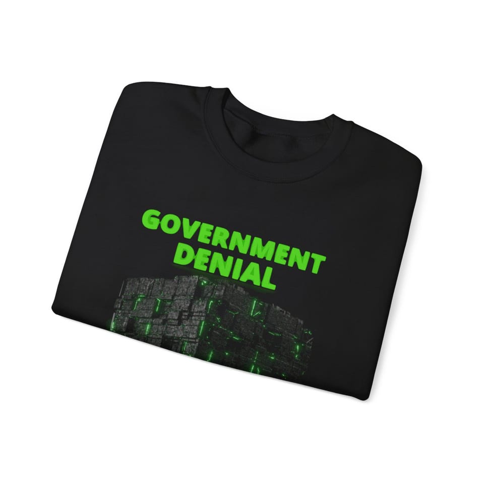Government Denial Is Futile Crewneck Sweatshirt, folded view (Printify product mockup)