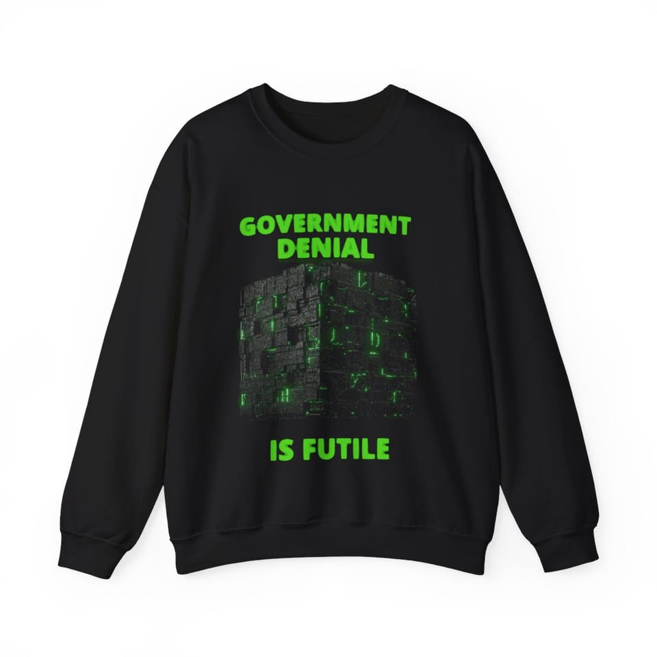 Government Denial Is Futile Crewneck Sweatshirt, front view (Printify product mockup)