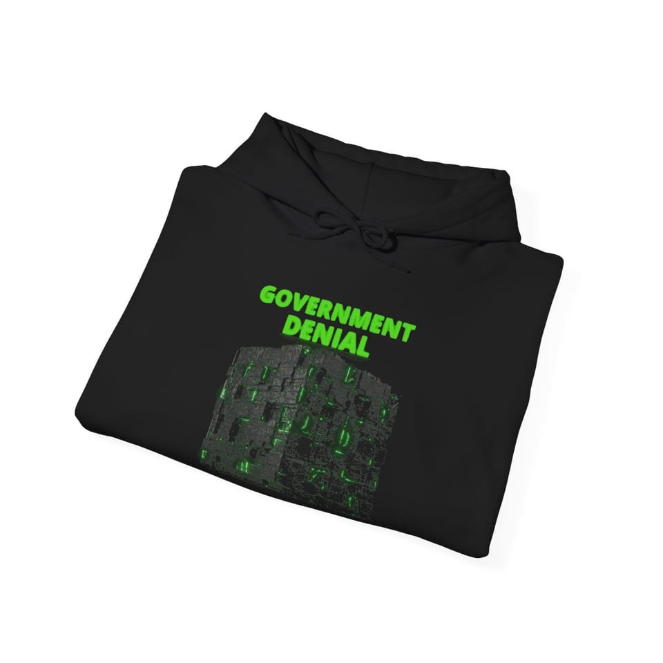Government Denial Is Futile Hoodie, folded view (Printify product mockup)