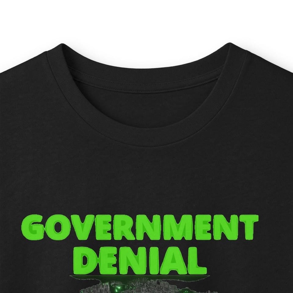 Government Denial Is Futile Long Sleeve Tee, collar closeup view (Printify product mockup)