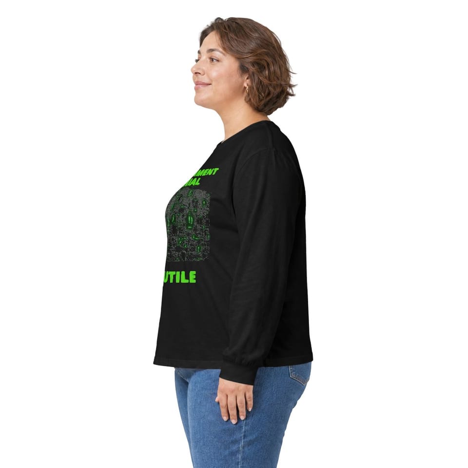Government Denial Is Futile Long Sleeve Tee, person left view (Printify product mockup)
