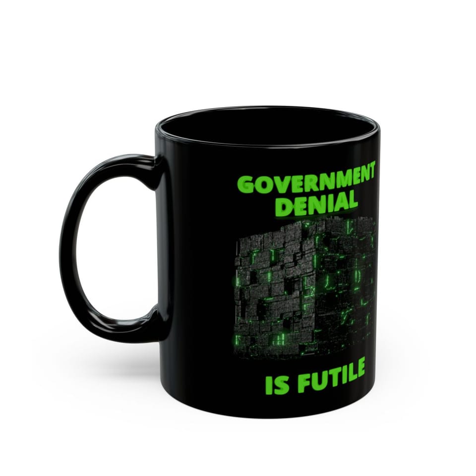Government Denial Is Futile Mug, left side view (Printify product mockup)