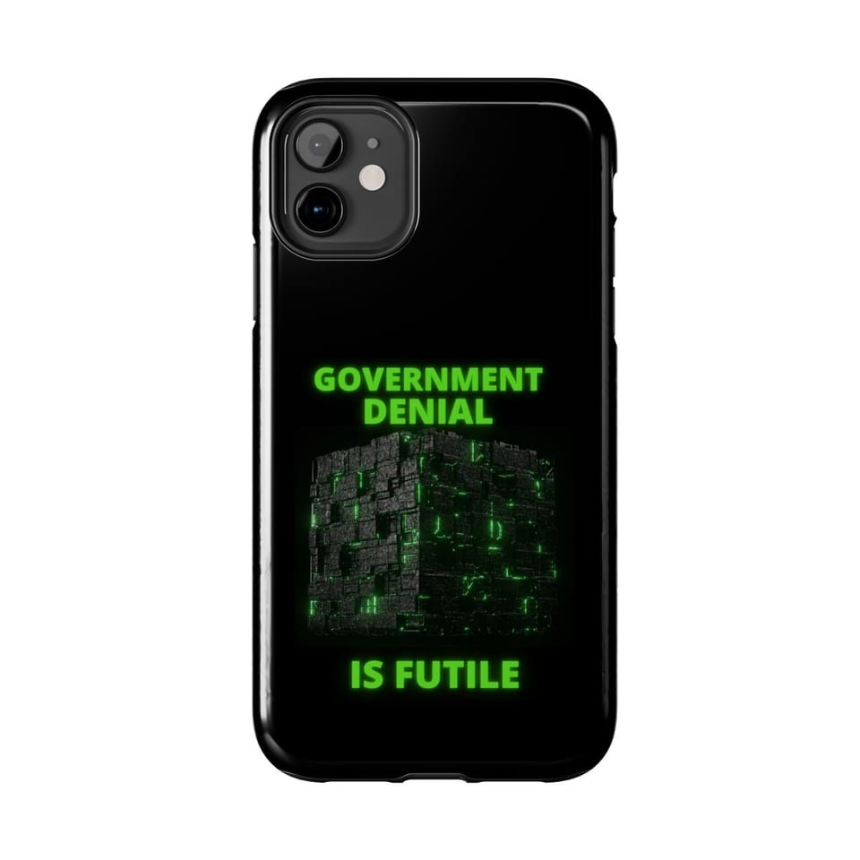 Government Denial Is Futile Phone Case, front view (Printify product mockup)