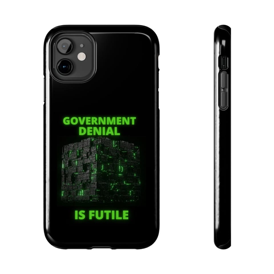 Government Denial Is Futile Phone Case, front and-side view (Printify product mockup)