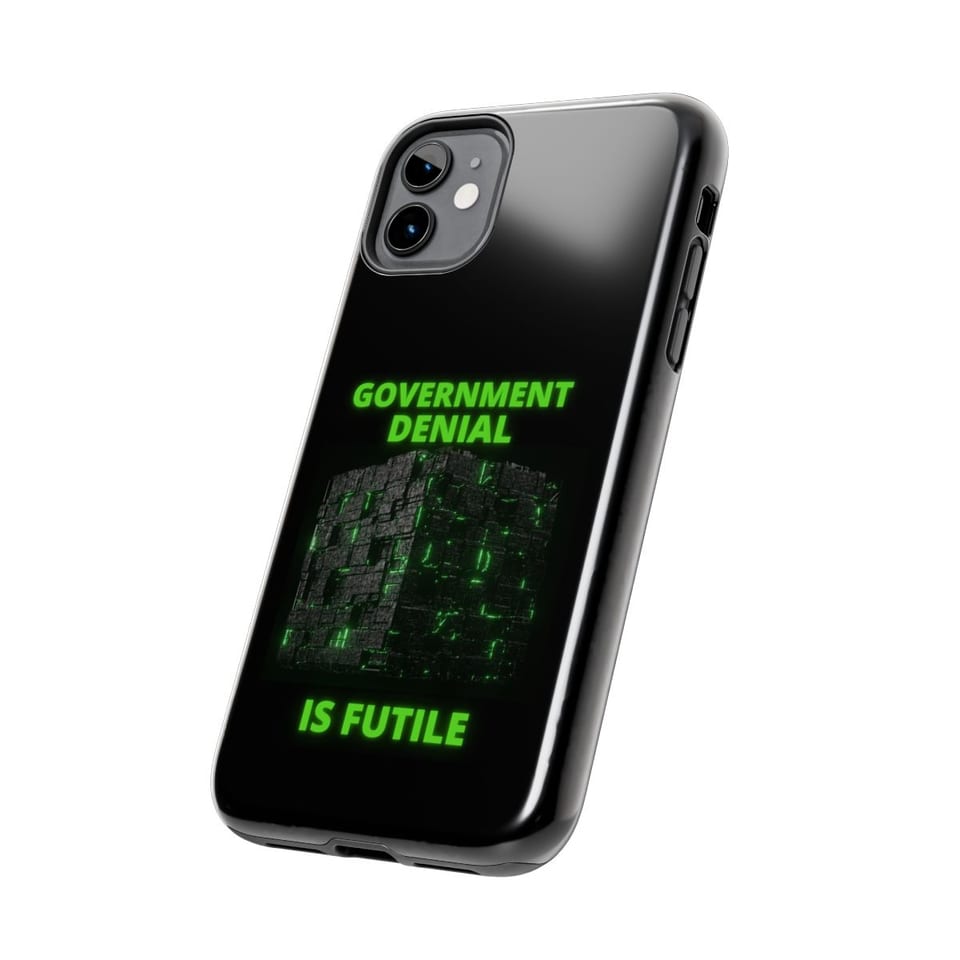 Government Denial Is Futile Phone Case, side view (Printify product mockup)