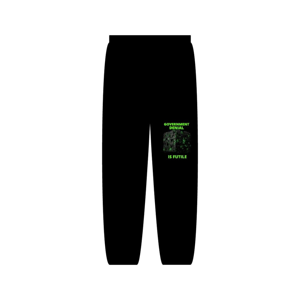 Government Denial Is Futile Sweatpants, front view (Printify product mockup)
