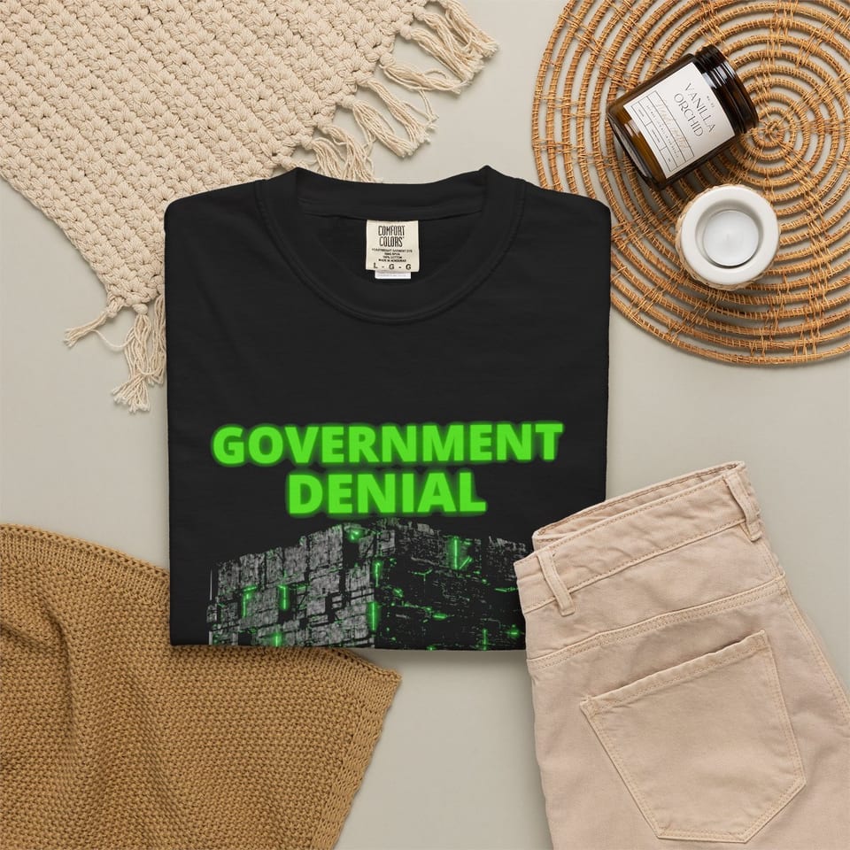 Government Denial Is Futile Tee, folded 2 view (Printify product mockup)
