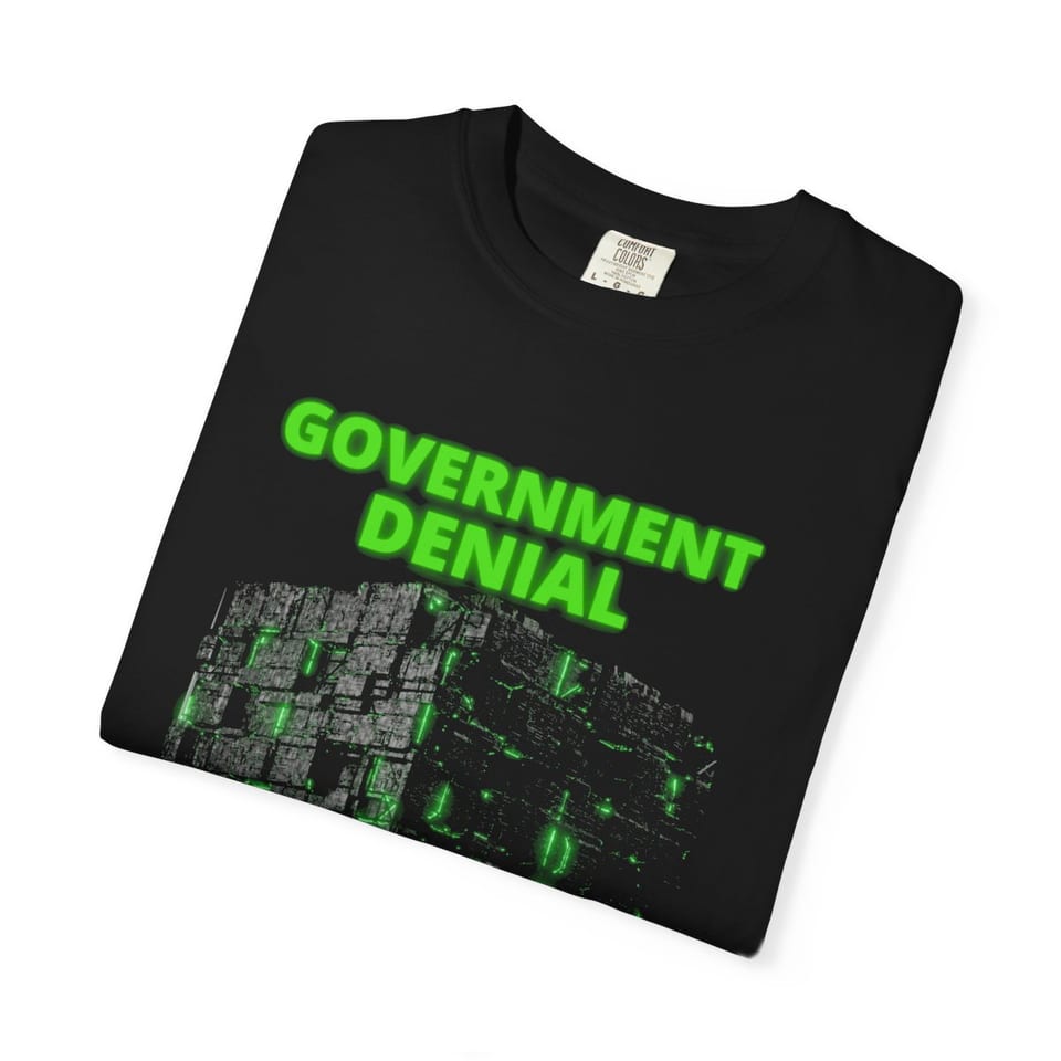 Government Denial Is Futile Tee, folded view (Printify product mockup)