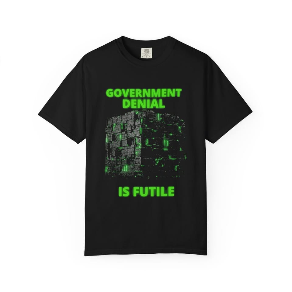 Government Denial Is Futile Tee, front view (Printify product mockup)