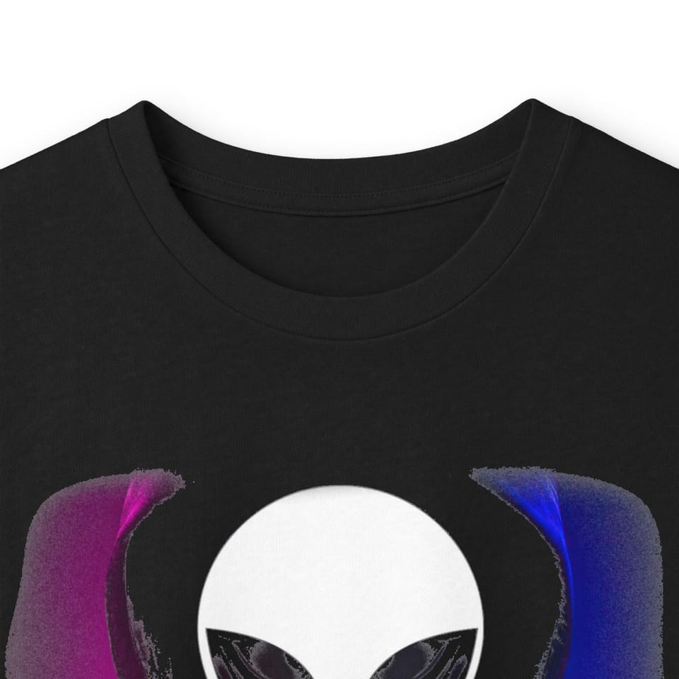 Have a Nice Day Alien Long Sleeve Tee, collar closeup view (Printify product mockup)