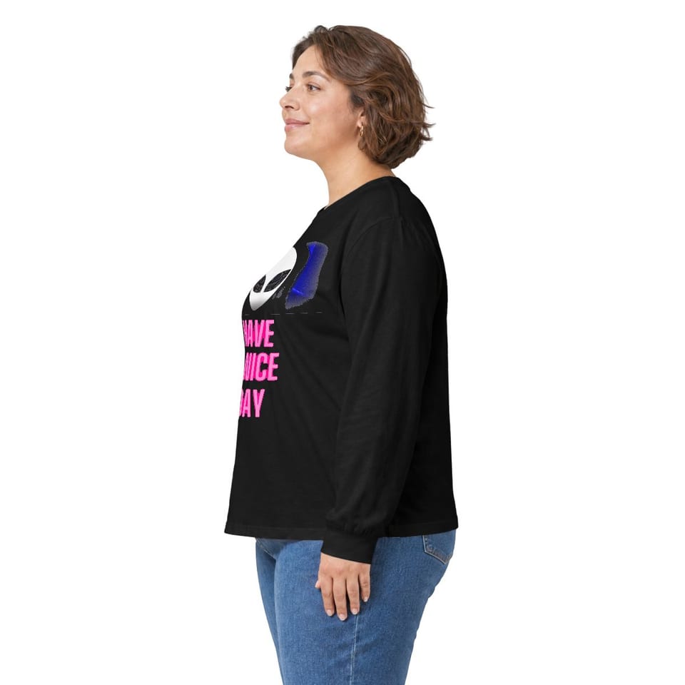 Have a Nice Day Alien Long Sleeve Tee, person left view (Printify product mockup)