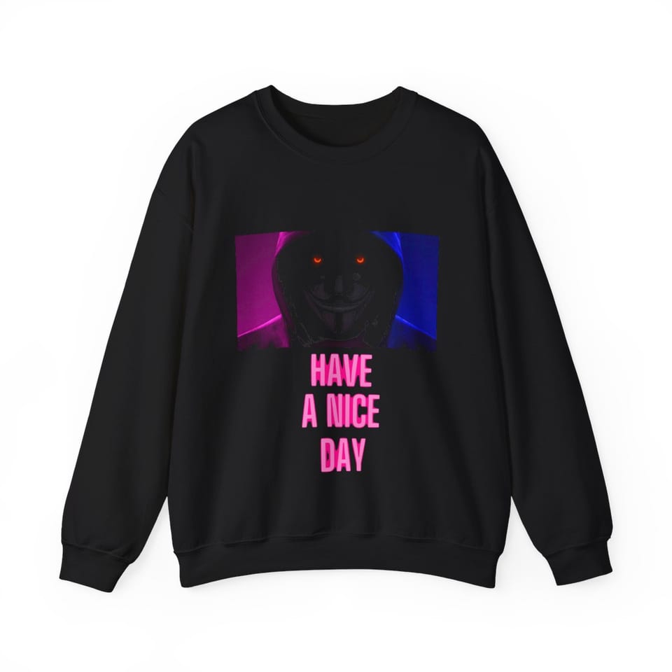 Have a Nice Day Mask Crewneck Sweatshirt, front view (Printify product mockup)
