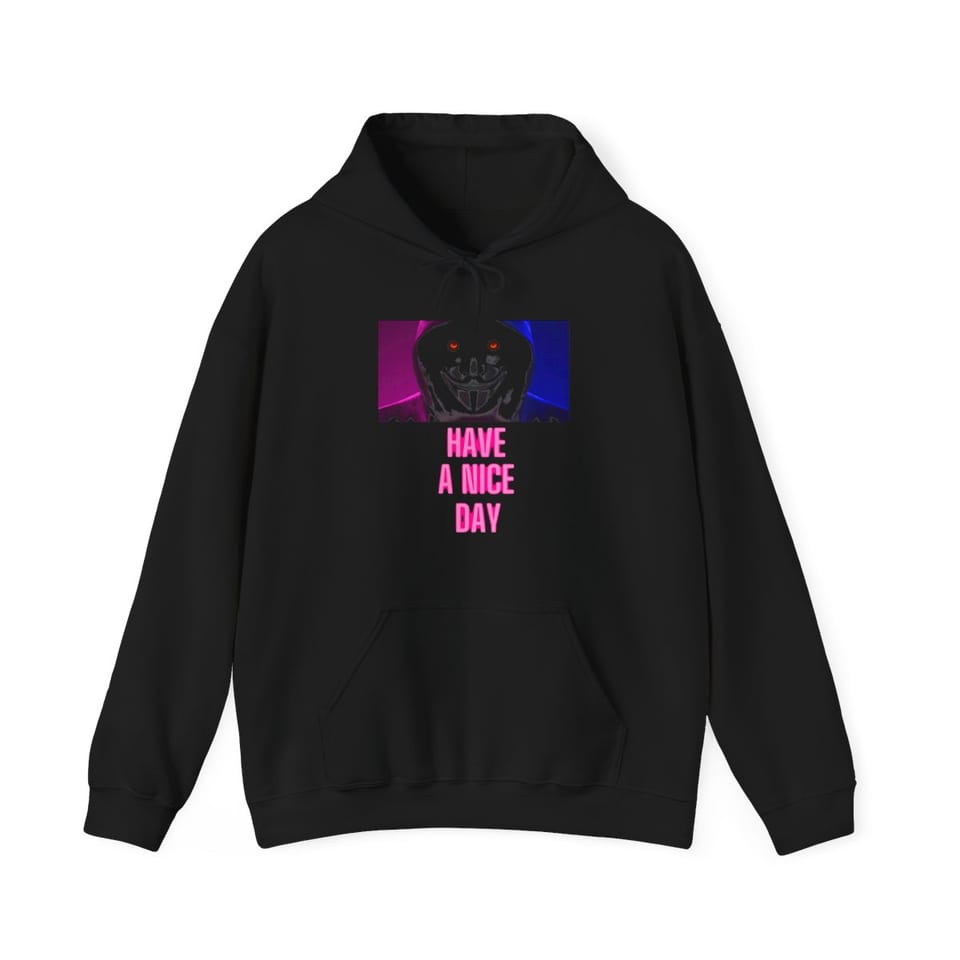 Have a Nice Day Mask Hoodie, front view (Printify product mockup)