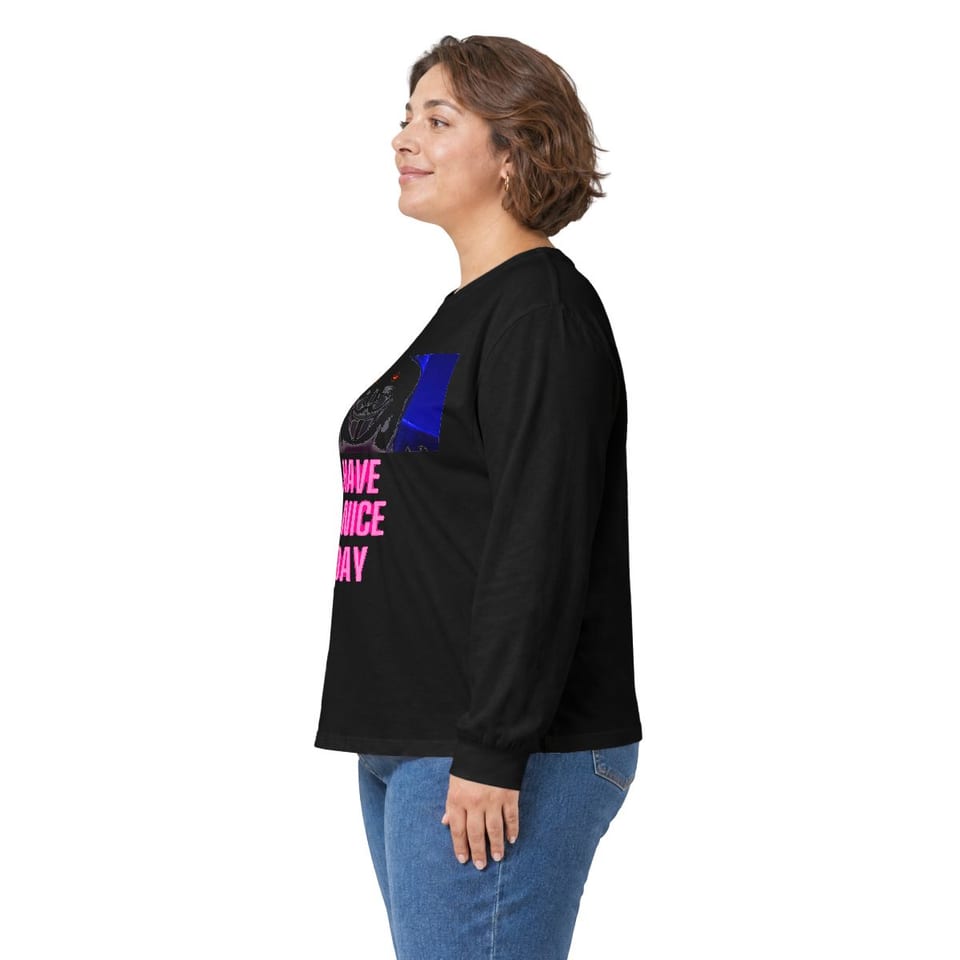 Have a Nice Day Mask Long Sleeve Tee, person left view (Printify product mockup)