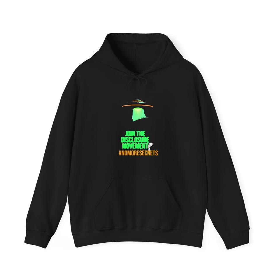 Join the Disclosure Movement Hoodie, front view (Printify product mockup)