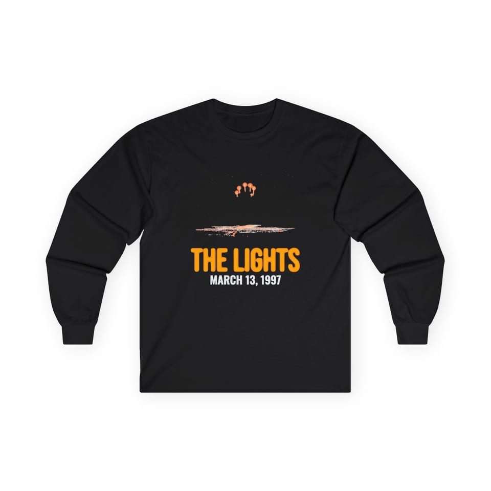 Lights Over the Desert 1997 Long Sleeve Tee, front view (Printify product mockup)