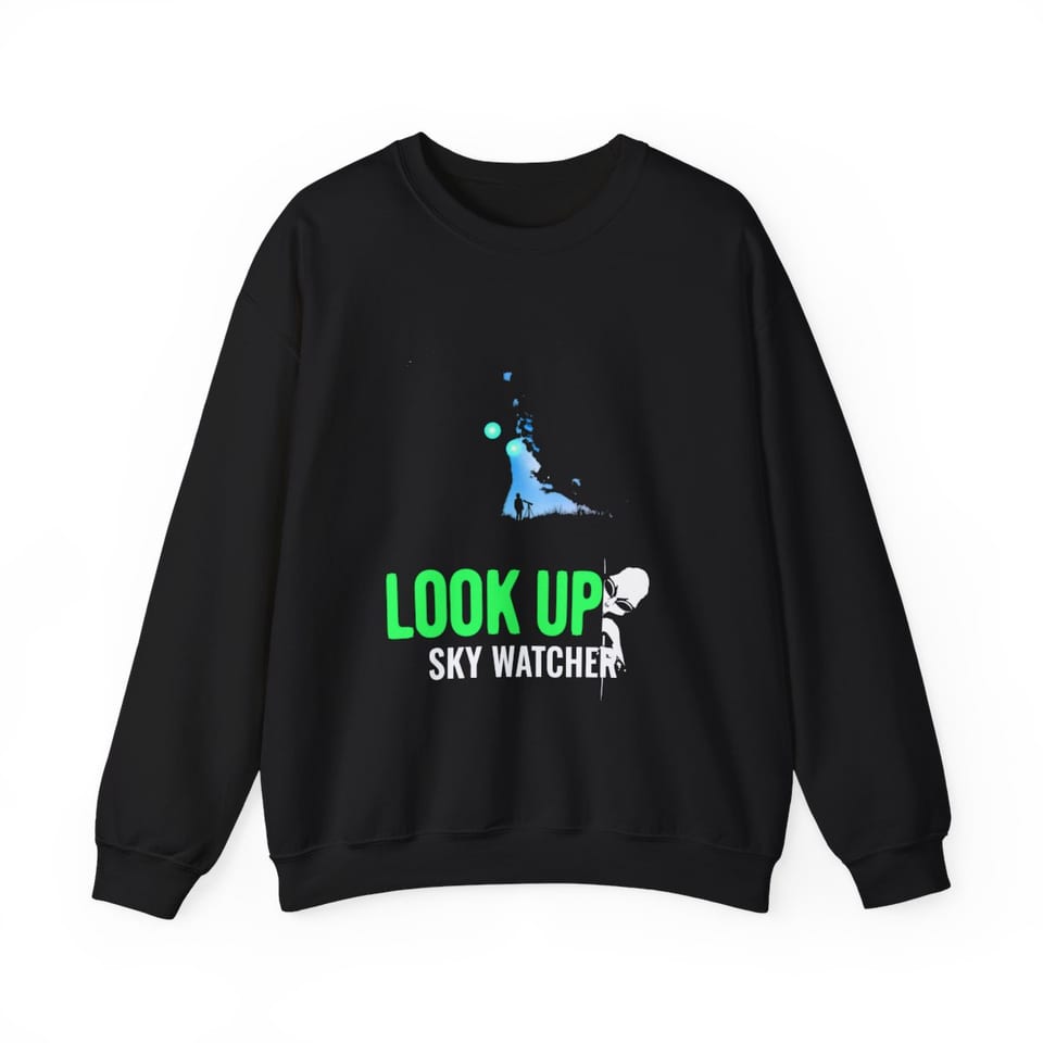 Look Up Sky Watcher Crewneck Sweatshirt, front view (Printify product mockup)