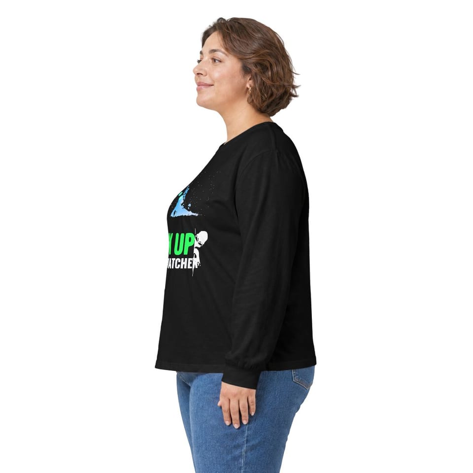 Look Up Sky Watcher Long Sleeve Tee, person left view (Printify product mockup)