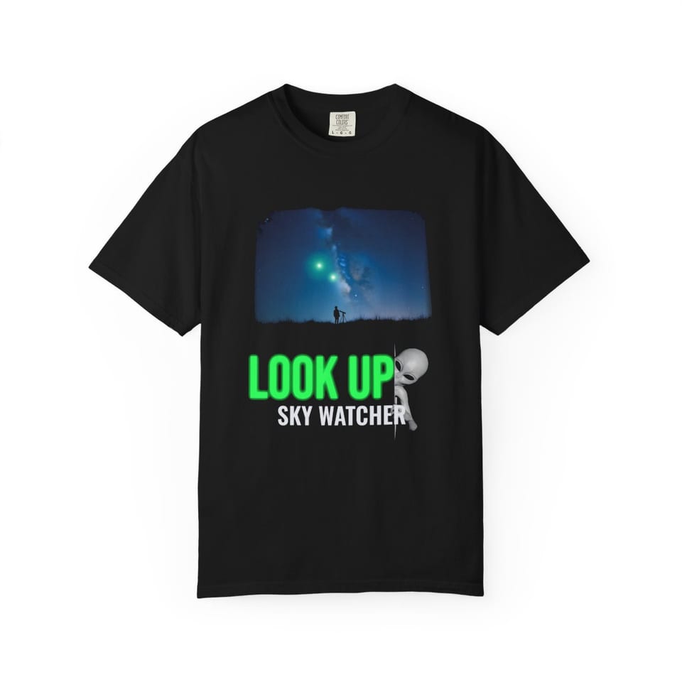 Look Up Sky Watcher Tee, front view (Printify product mockup)