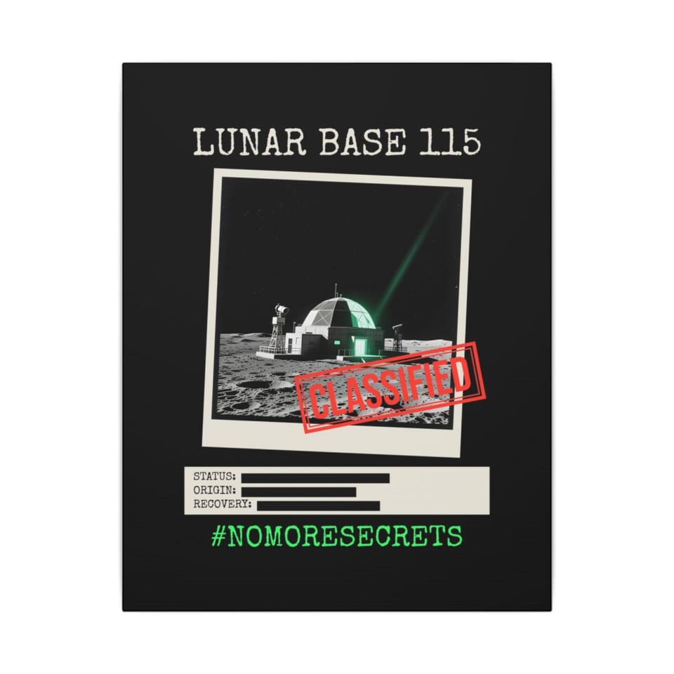 Lunar Base 115 Classified Canvas, front view (Printify product mockup)
