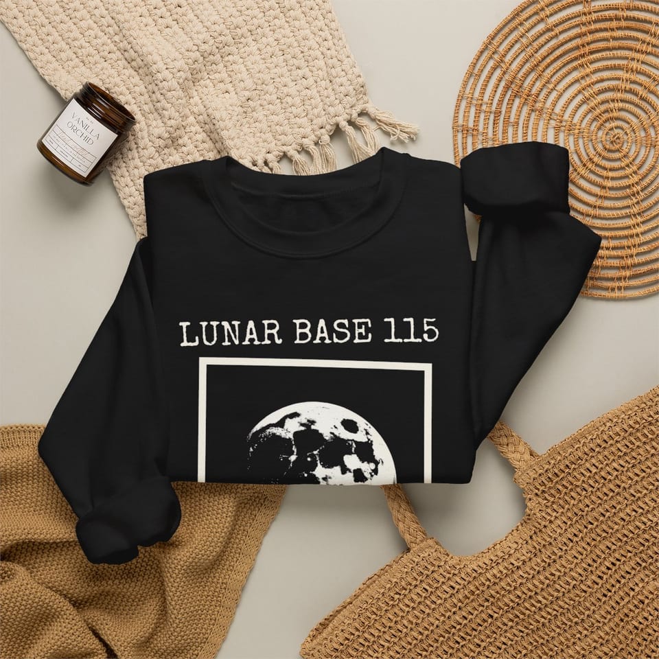 Lunar Base 115 Classified Crewneck Sweatshirt, folded 2 view (Printify product mockup)