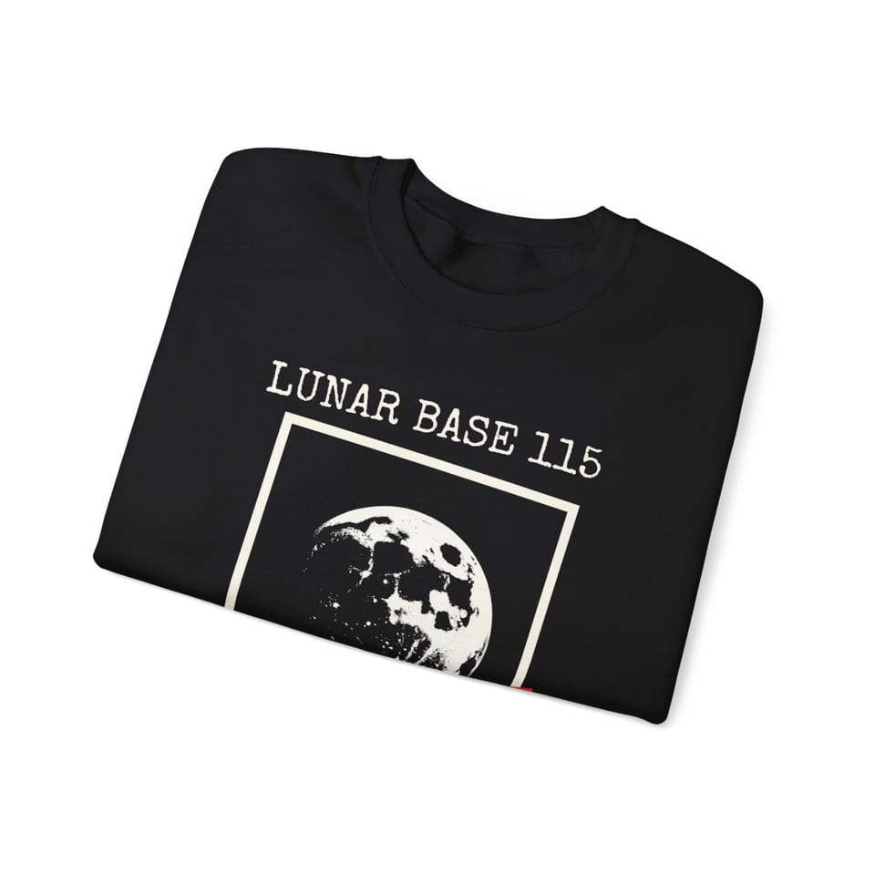 Lunar Base 115 Classified Crewneck Sweatshirt, folded view (Printify product mockup)