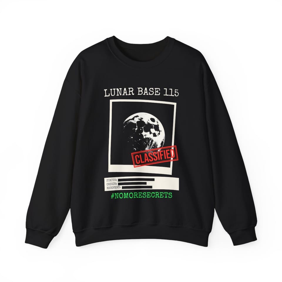 Lunar Base 115 Classified Crewneck Sweatshirt, front view (Printify product mockup)
