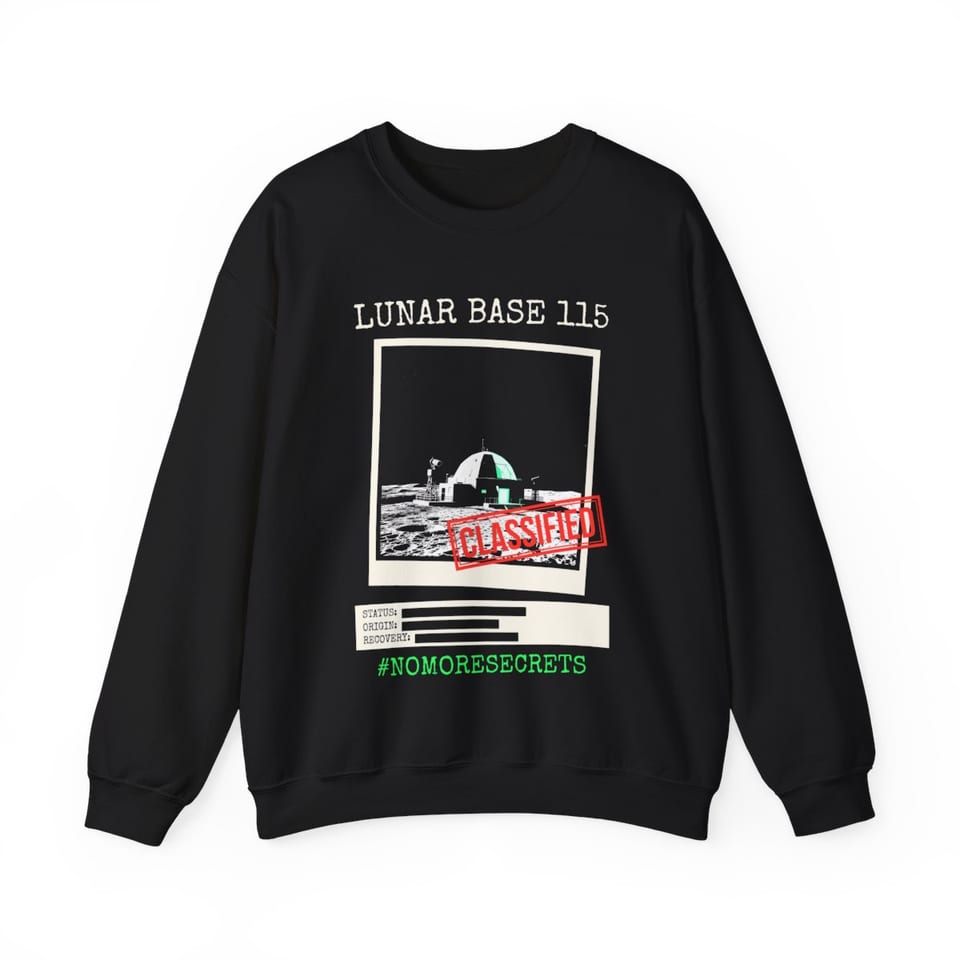 Lunar Base 115 Classified Crewneck Sweatshirt, front view (Printify product mockup)