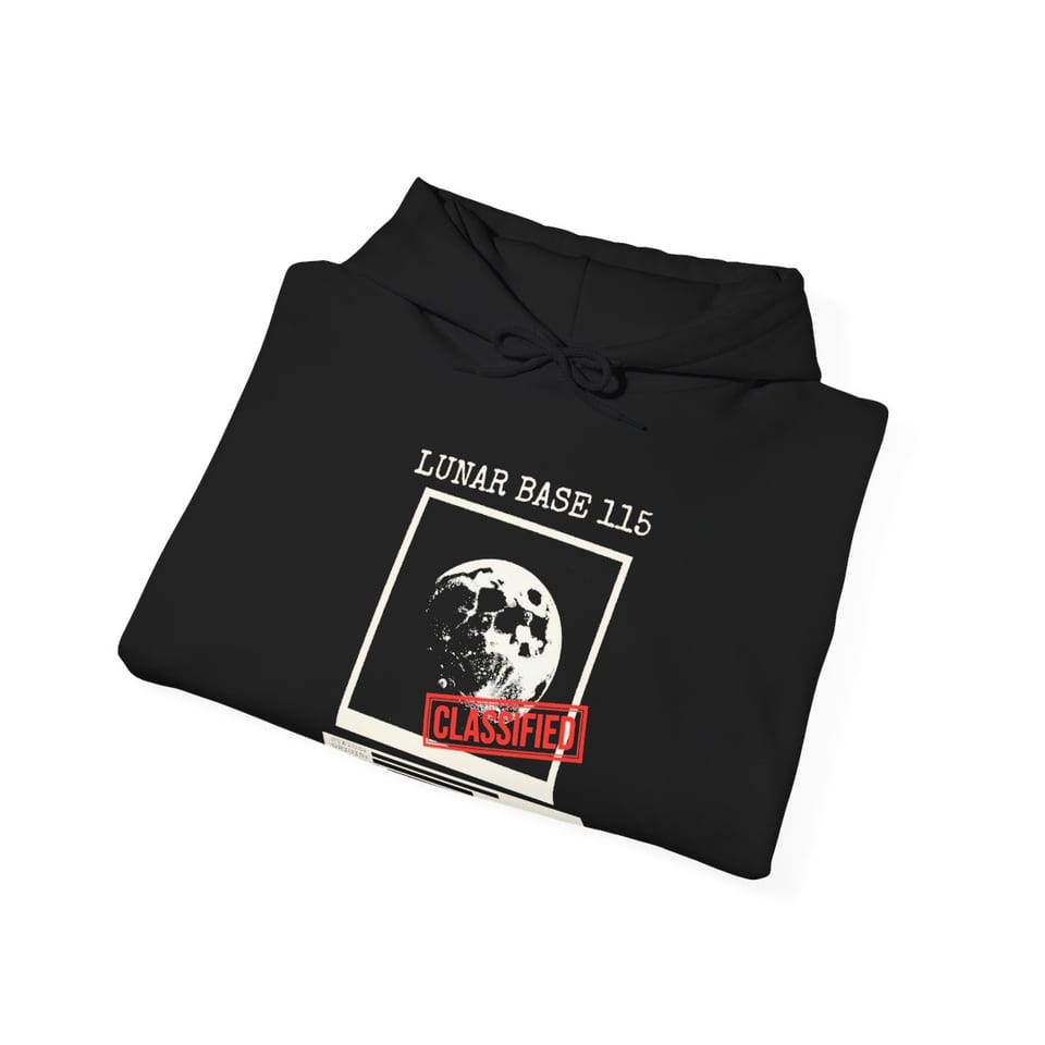 Lunar Base 115 Classified Hoodie, folded view (Printify product mockup)