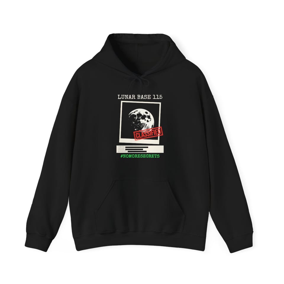 Lunar Base 115 Classified Hoodie, front view (Printify product mockup)