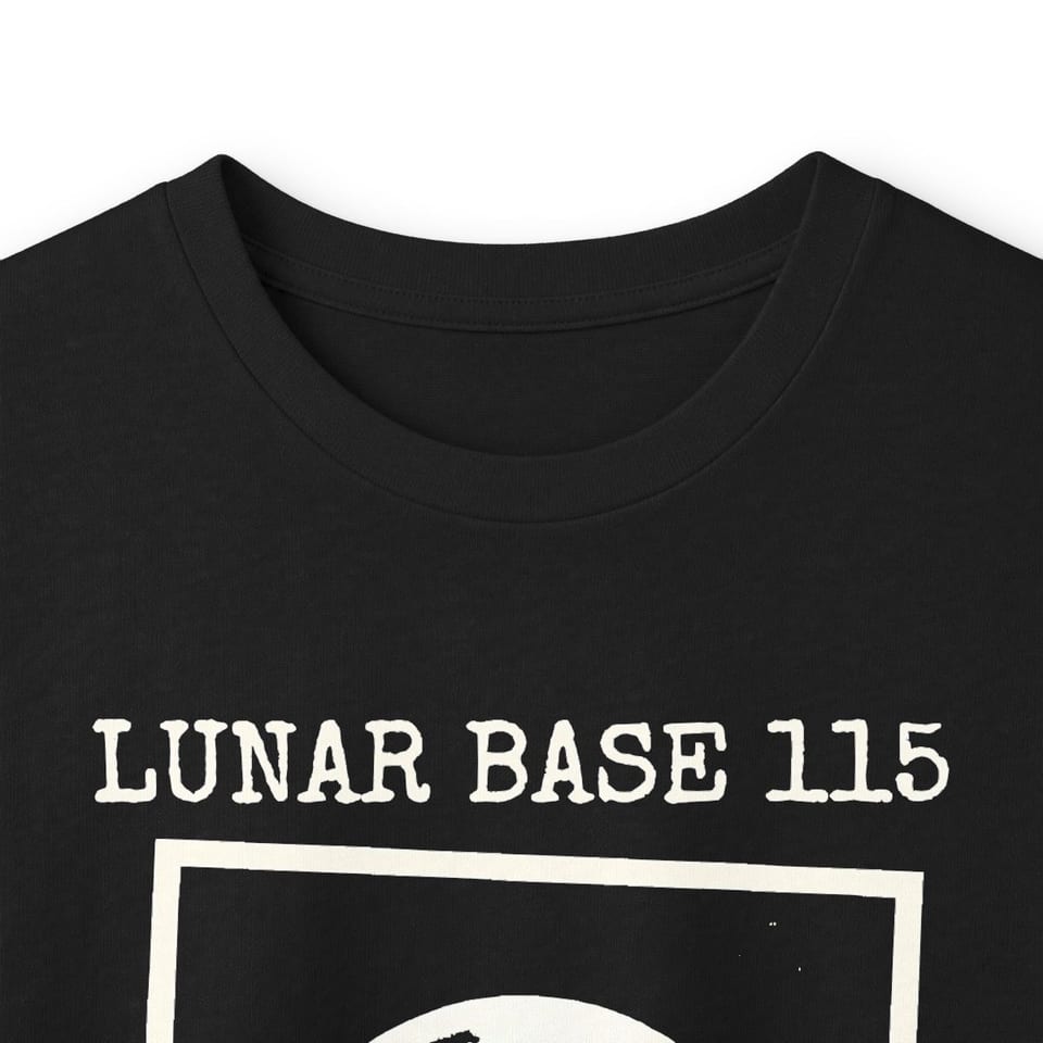 Lunar Base 115 Classified Long Sleeve Tee, collar closeup view (Printify product mockup)
