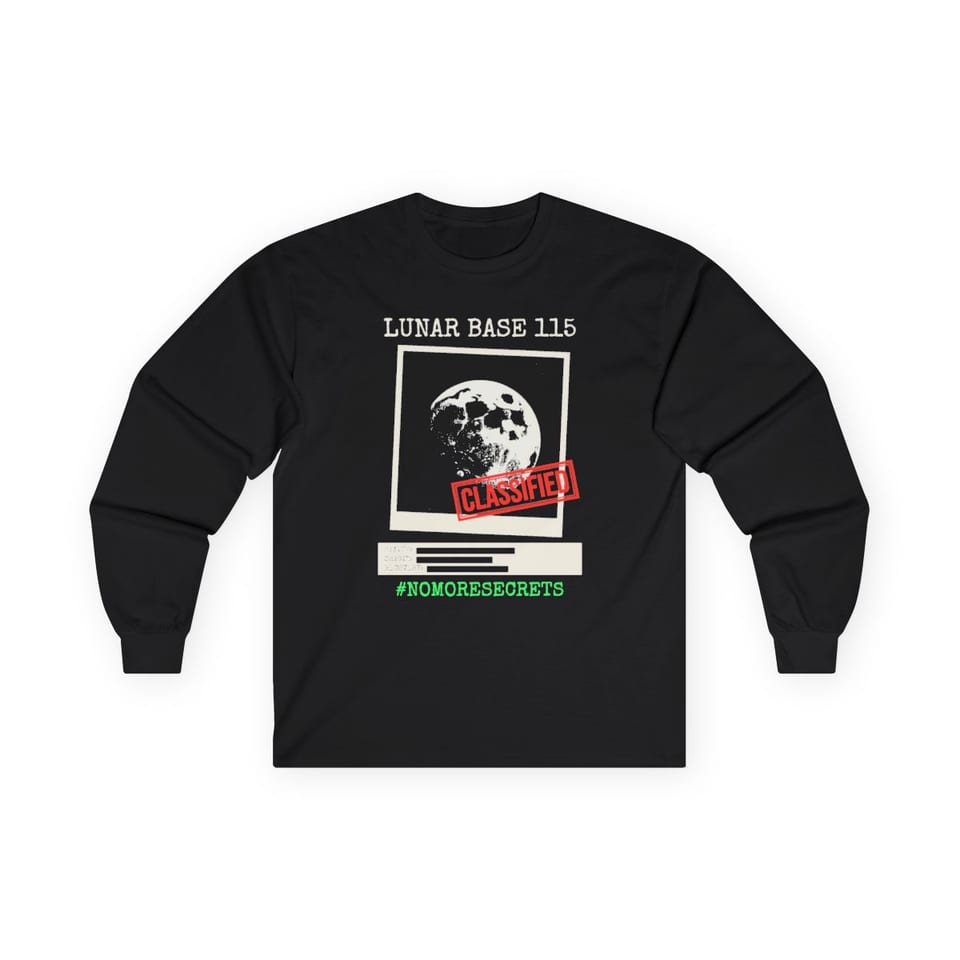 Lunar Base 115 Classified Long Sleeve Tee, front view (Printify product mockup)