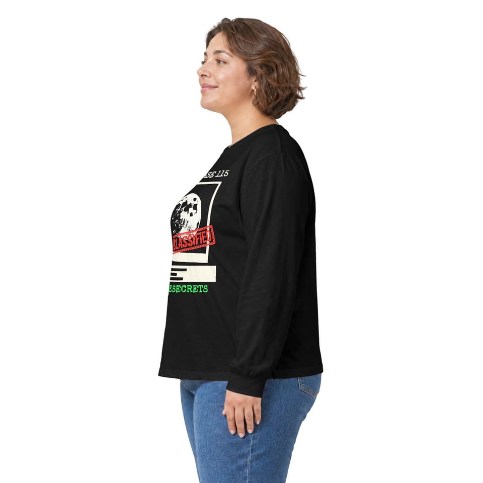 Lunar Base 115 Classified Long Sleeve Tee, person left view (Printify product mockup)