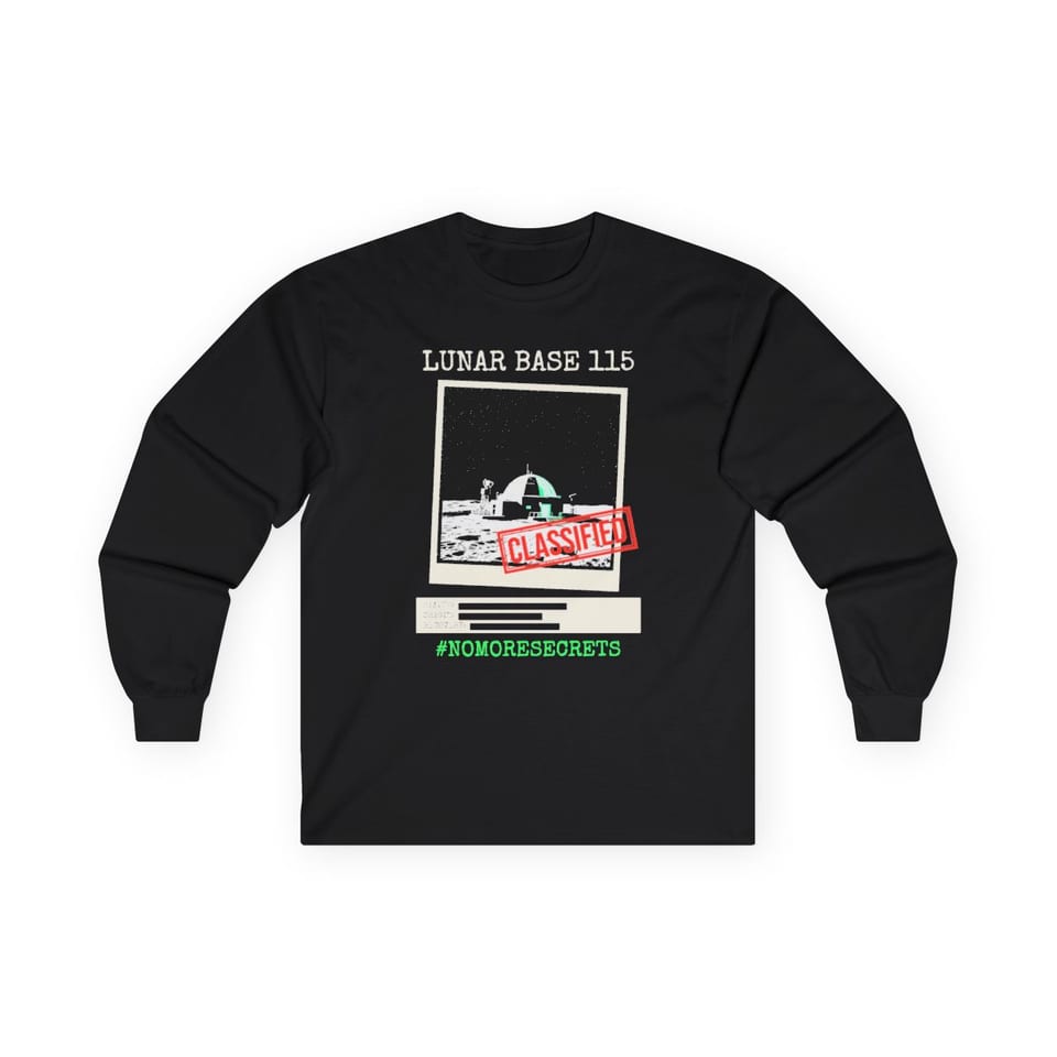 Lunar Base 115 Classified Long Sleeve Tee, front view (Printify product mockup)