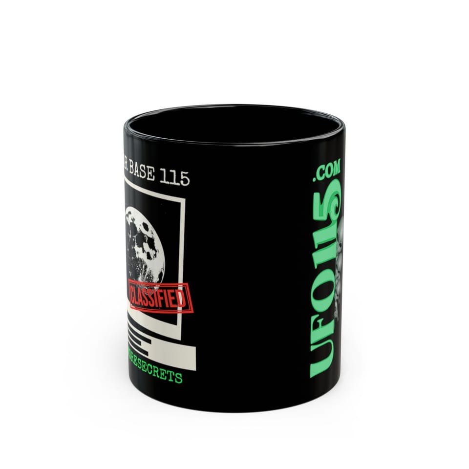 Lunar Base 115 Classified Mug, front view (Printify product mockup)
