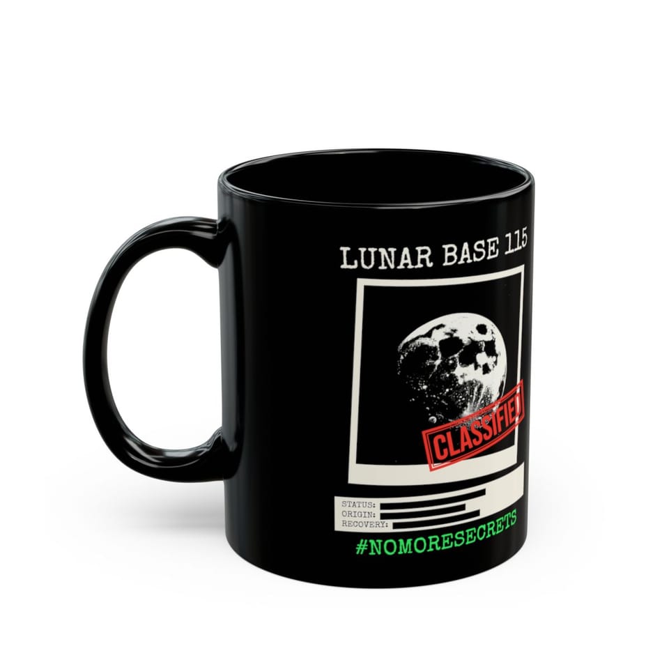 Lunar Base 115 Classified Mug, left view (Printify product mockup)