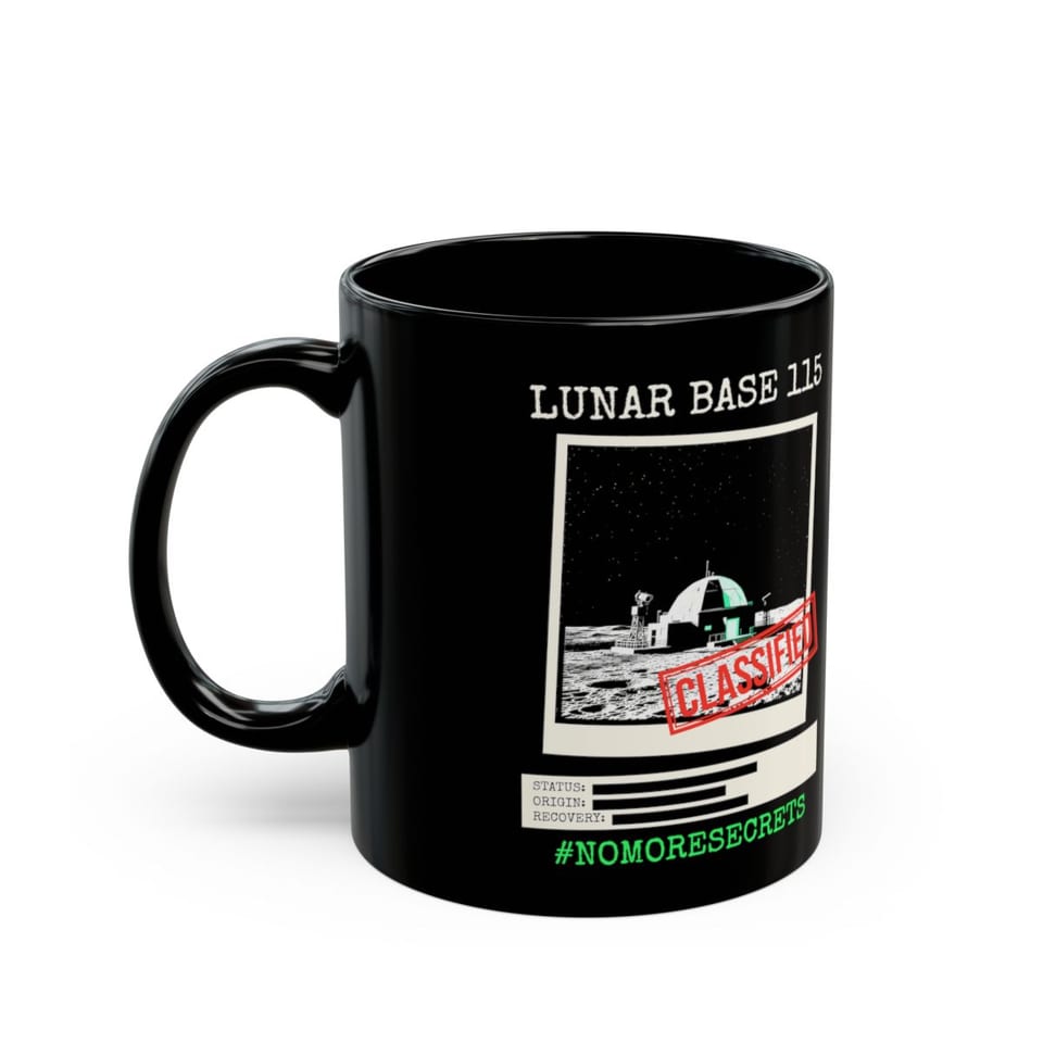 Lunar Base 115 Classified Mug, left view (Printify product mockup)