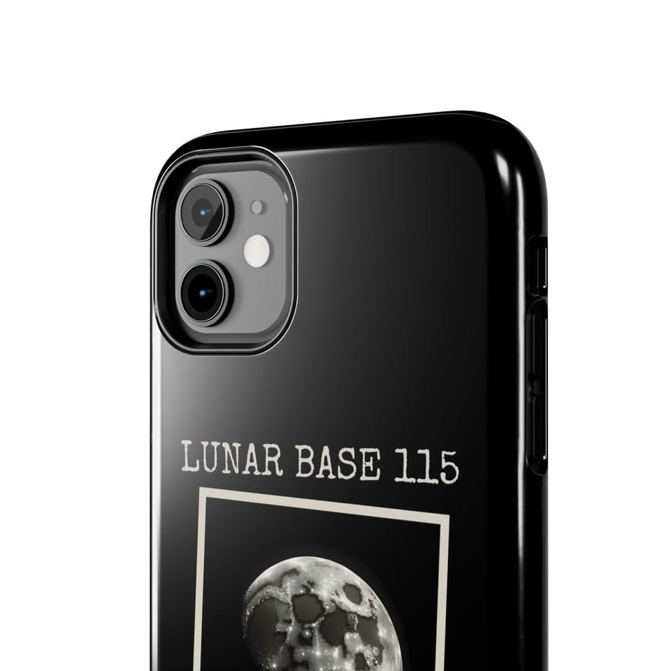 Lunar Base 115 Classified Phone Case, close up view (Printify product mockup)