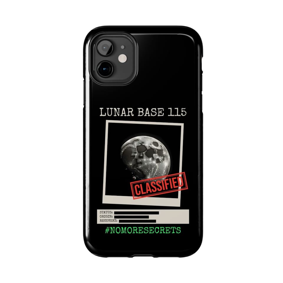Lunar Base 115 Classified Phone Case, front view (Printify product mockup)