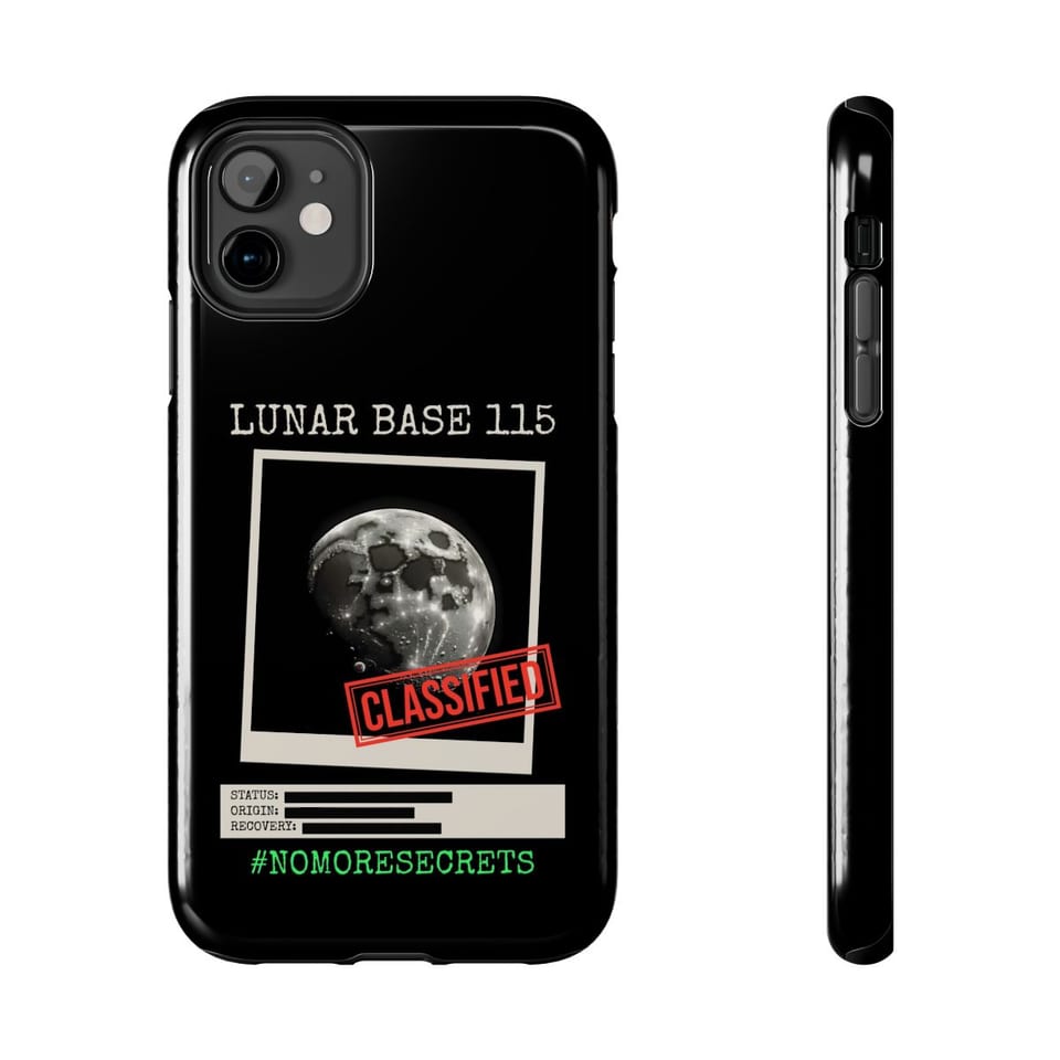 Lunar Base 115 Classified Phone Case, front and-side view (Printify product mockup)