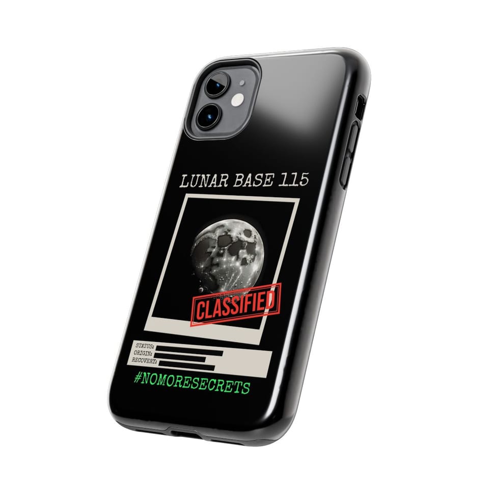 Lunar Base 115 Classified Phone Case, side view (Printify product mockup)