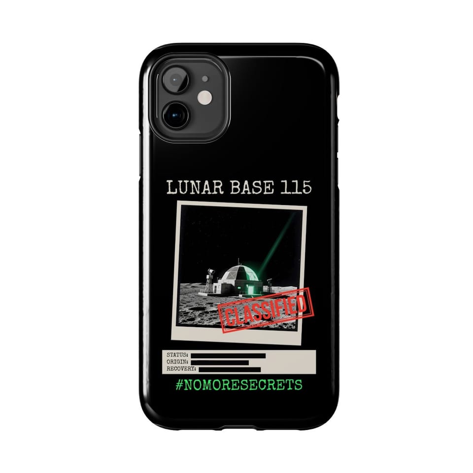 Lunar Base 115 Classified Phone Case, front view (Printify product mockup)