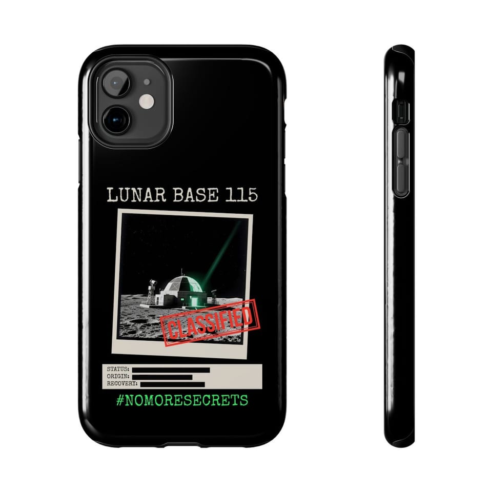 Lunar Base 115 Classified Phone Case, front and-side view (Printify product mockup)