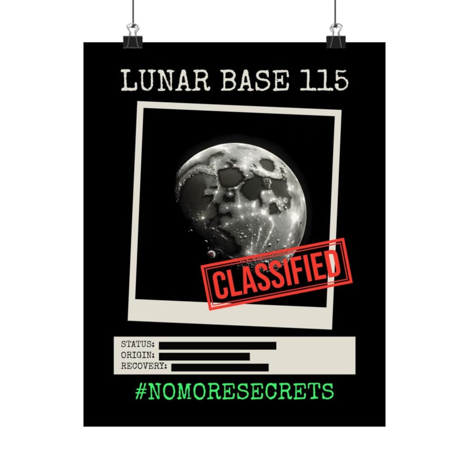 Lunar Base 115 Classified Poster, front view (Printify product mockup)