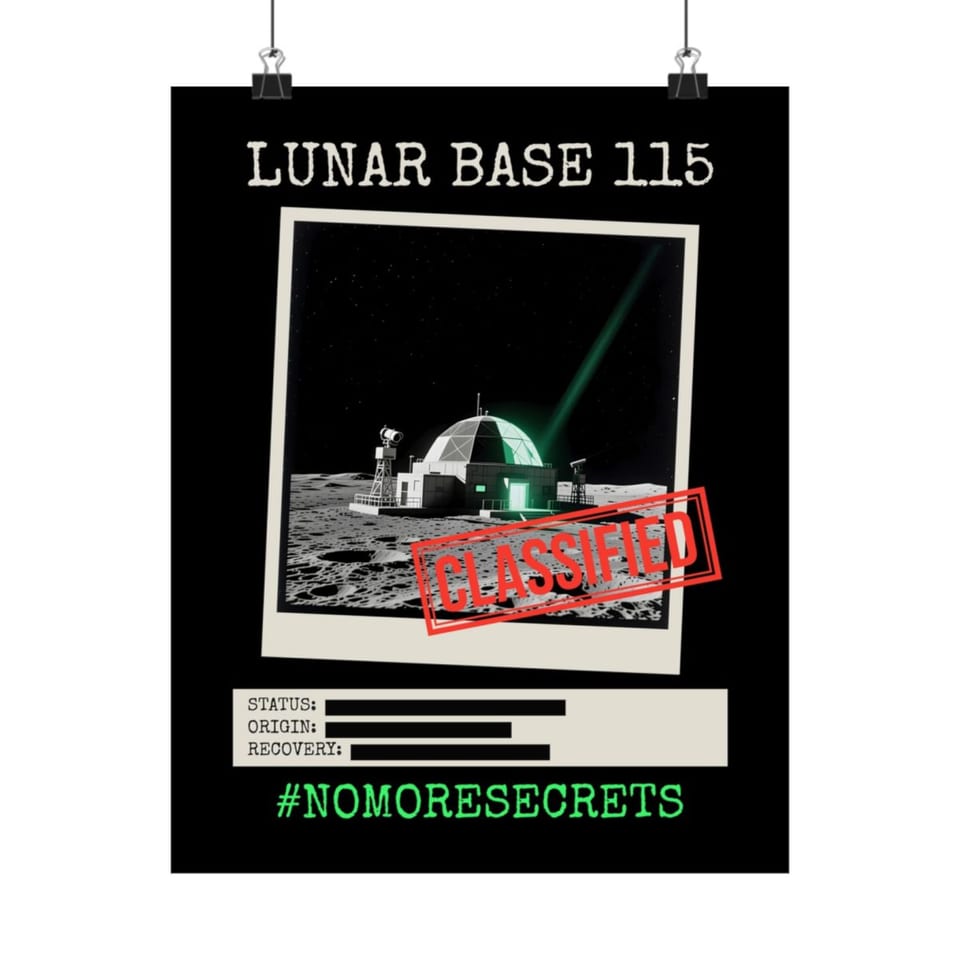 Lunar Base 115 Classified Poster, front view (Printify product mockup)